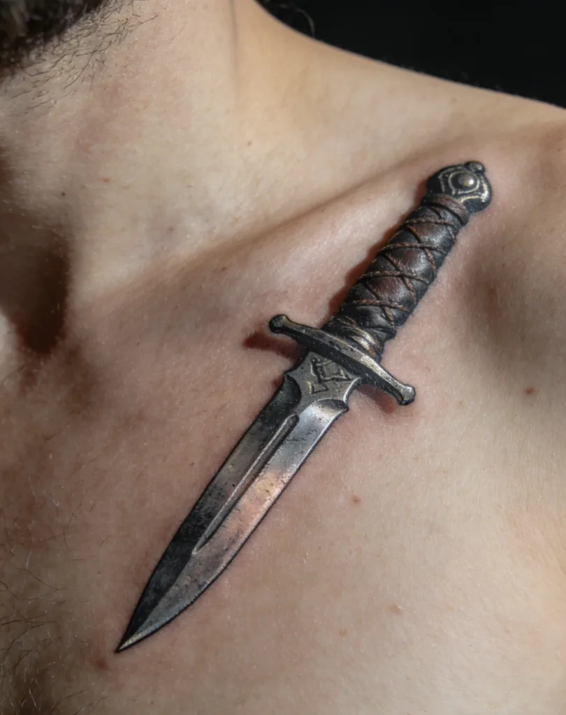Dagger tattoo meaning with rose or heart: deep symbols of love and pain